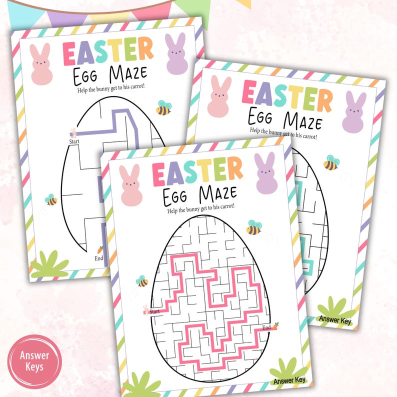 May include: Three printable Easter egg maze activity sheets featuring a pink bunny rabbit, bees, and the text "Easter Egg Maze" with instructions to help the bunny get to his carrot.