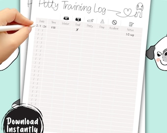 Pode incluir: Um registo de treino para ir ao banheiro imprimível com uma ilustração fofa de cachorro. O registo inclui colunas para a data, hora, água, comida, penico, cocó, acidente e notas. O registo foi projetado para ajudar a acompanhar o progresso do treino para ir ao banheiro de um filhote.