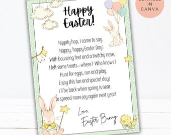 May include: A green and white printable card with a bunny rabbit and a yellow chick. The card has a poem about the Easter bunny and says "Happy Easter!"