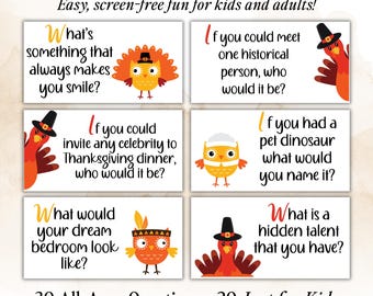 May include: A set of 50 Thanksgiving conversation cards featuring six rectangular cards with black text and colorful turkey illustrations. The text includes questions like What is something that always makes you smile and If you could meet one historical person.