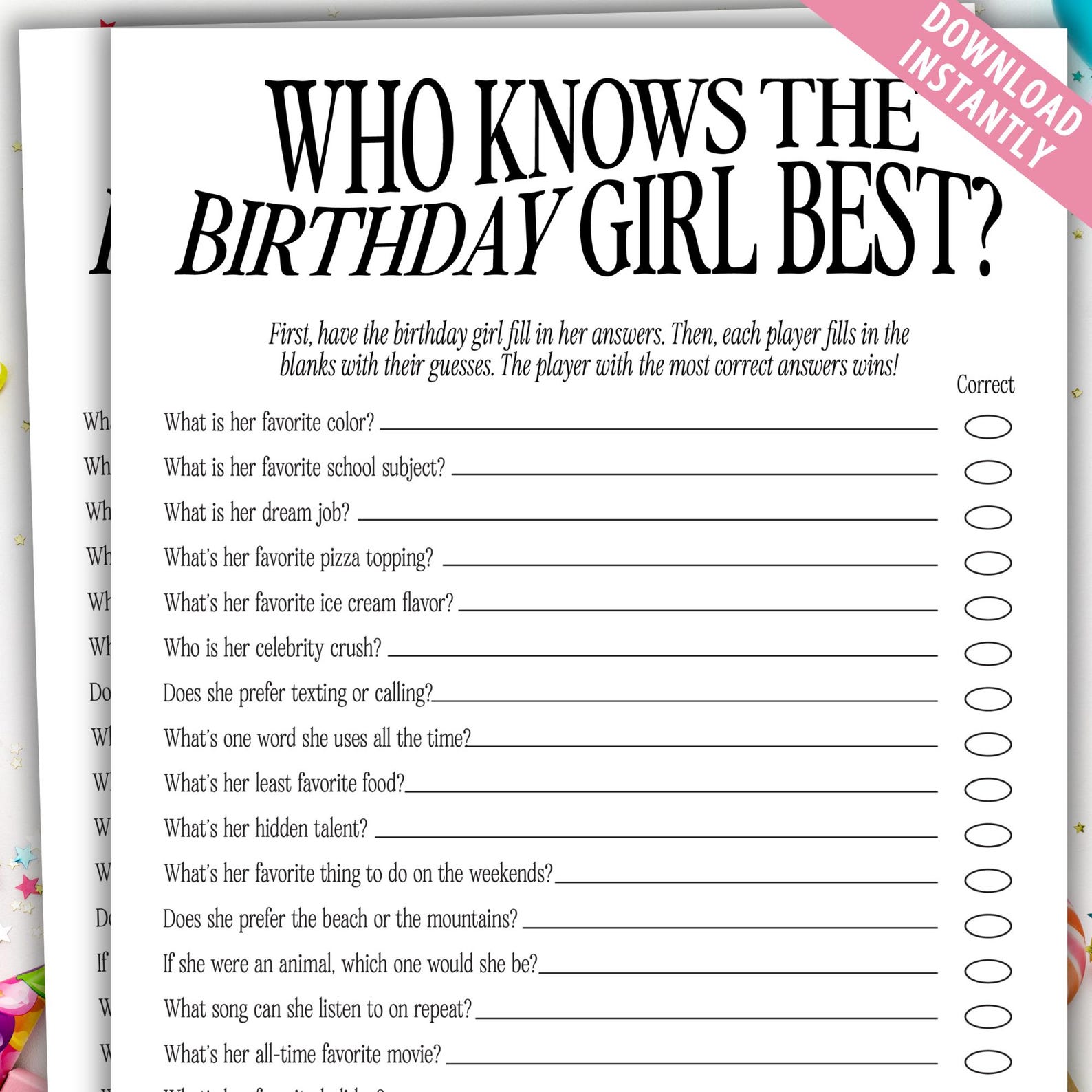 Teen or Tween Birthday Girl Printable Game | How Well Do You Know the ...
