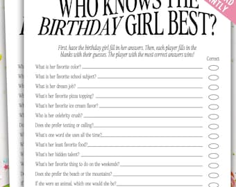 Teen or Tween Birthday Girl Printable Game | How Well do You Know the Birthday Girl | Teen Birthday Game | Tween Birthday Game