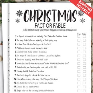 May include: A printable Christmas trivia game with 15 questions about Christmas traditions and facts. Each question has a true or false answer option. The game is black and white with a festive snowflake design.