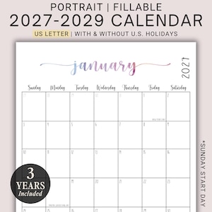 以下が含まれることがあります： USレターサイズの2027年から2029年までの縦型記入式カレンダー。ページには2027年1月が表示され、水彩風の筆記体ヘッダー、日曜日始まりのグリッド、3年分が含まれていることを示すテキストが記載されています。