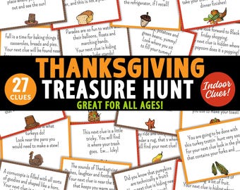 May include: A collection of 27 Thanksgiving treasure hunt clue cards featuring rhyming text and illustrations of holiday items like turkeys, cornucopias, and pumpkins. The cards have orange and brown borders with the text Thanksgiving Treasure Hunt.