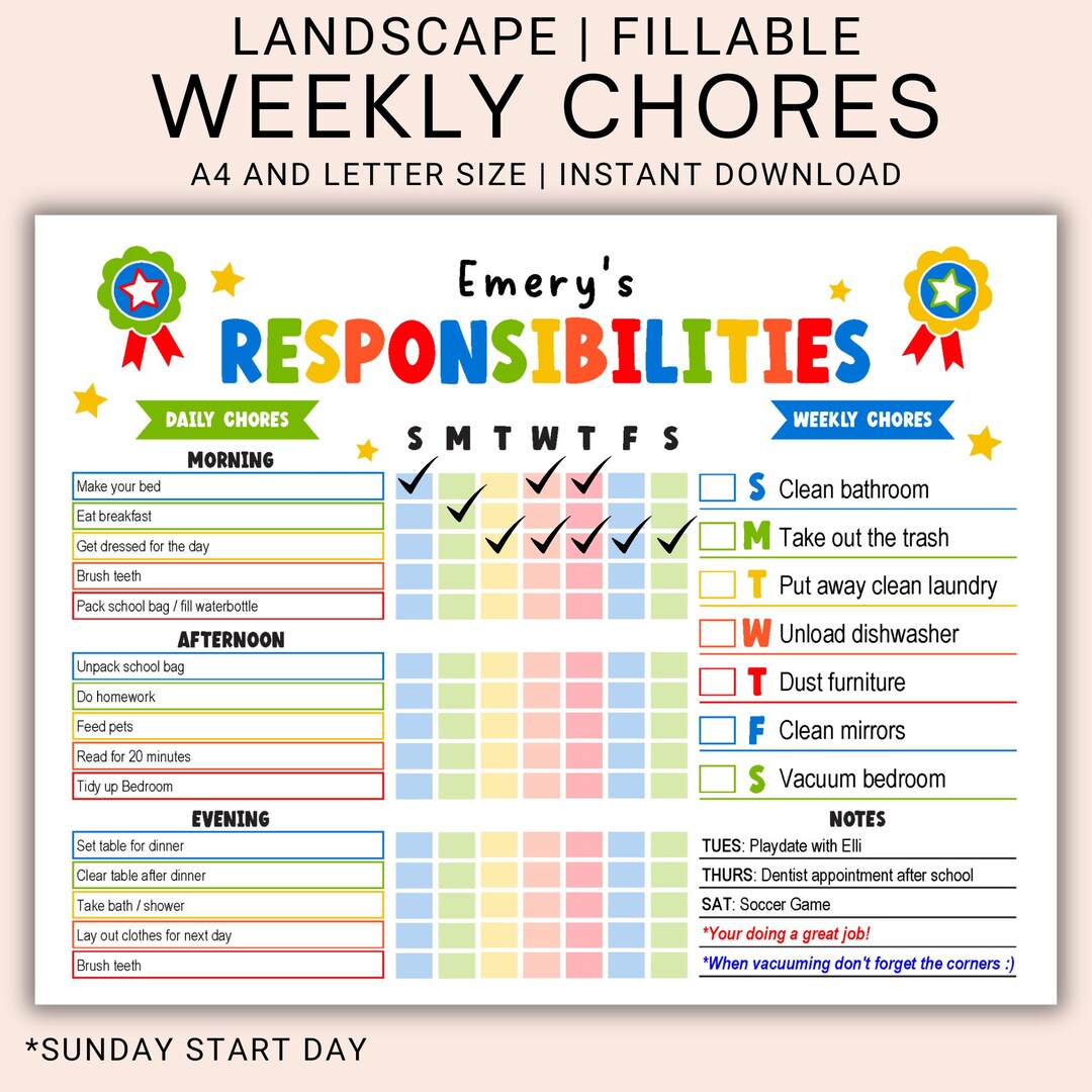 Weekly Responsibilities Printable Editable Kids Weekly Chores | Kids Chore Chart | Daily ...