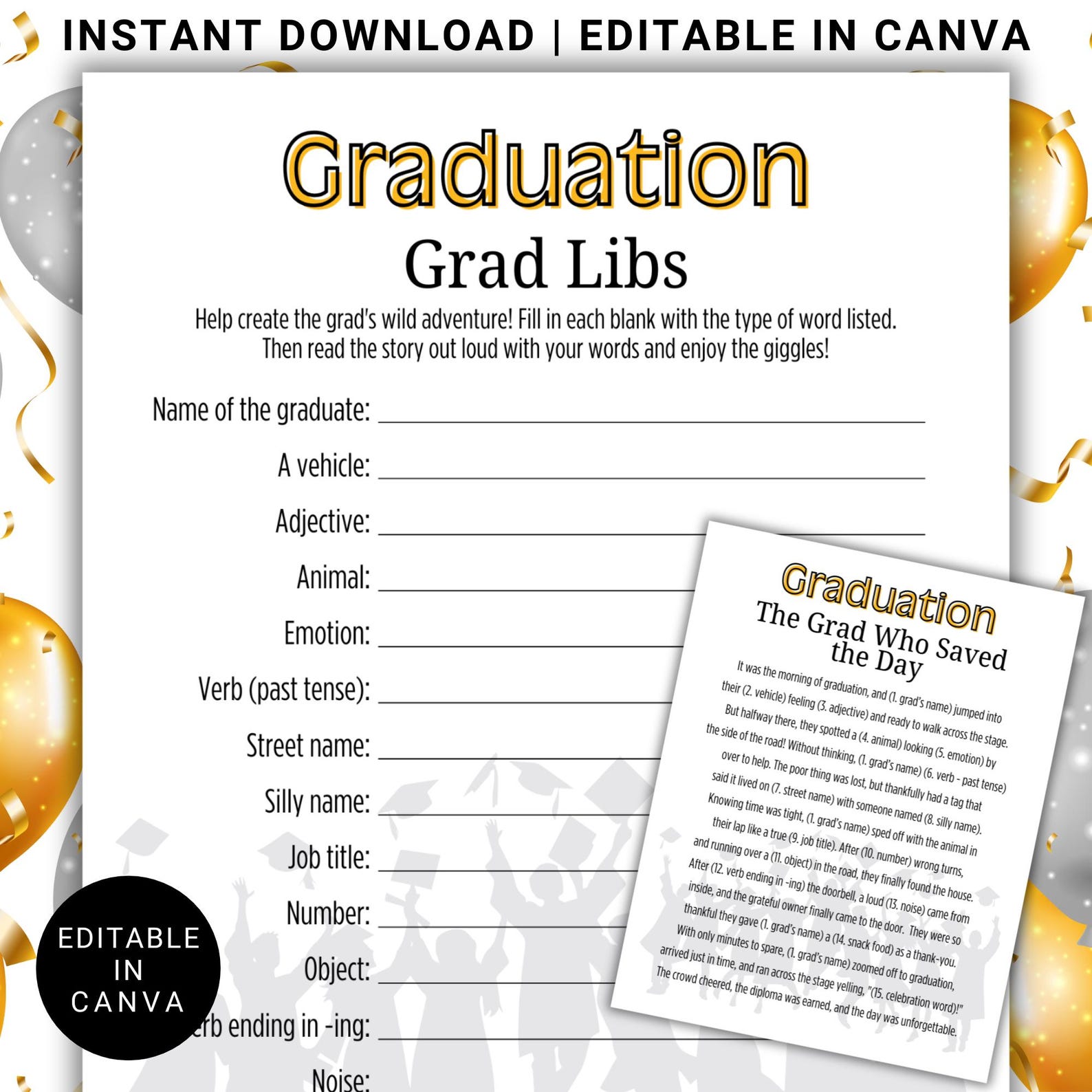 Editable Graduation Grad Libs Game Printable Graduation Party Activity ...