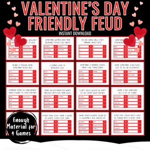 Op de afbeelding: Rode en witte printbare Valentijnsdag-spelkaarten met de titel "Valentine's Day Friendly Feud". De kaarten bevatten vragen en antwoorden voor een spel "Family Feud".