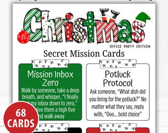 Könnte beinhalten: Ein druckbares Spielset mit dem Titel Christmas Office Party Edition Secret Mission Cards, das 68 Karten enthält. Das Design zeigt festliche rote, grüne und weiße Muster, wobei Beispielkarten Anweisungen für Mission Inbox Zero und Potluck Protocol enthalten.