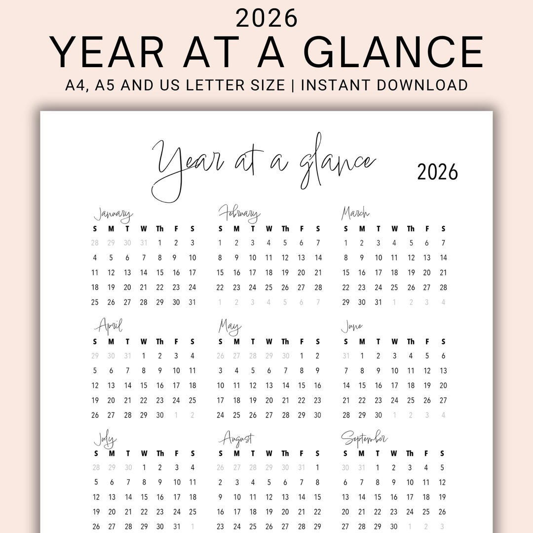 Minimal 2026 Year at a Glance Calendar Printable | One Page Year at a ...