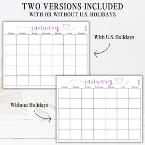 May include: A 2026 January calendar page featuring a gradient purple and pink script header with a heart icon. Two versions are displayed: one labeled With U.S. Holidays and one labeled Without Holidays, both showing a grid layout for the month.