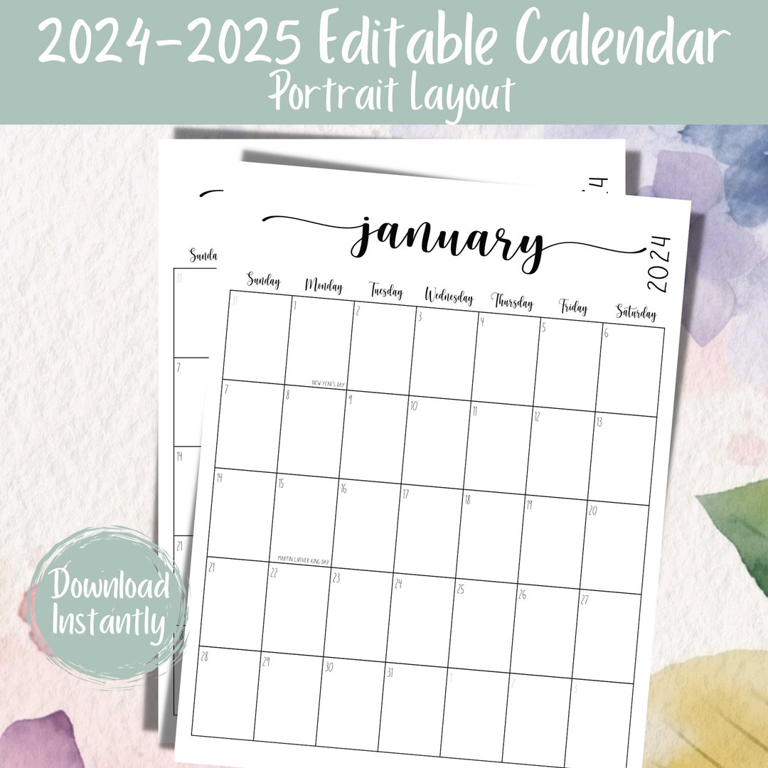 20242025 Portrait Printable Calendar Template Family Etsy Canada