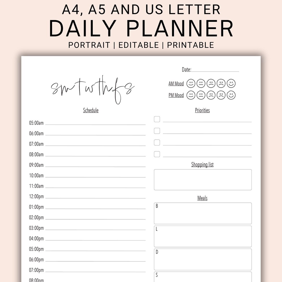 Printable Editable Daily Planner | A4, A5 and US Letter Daily Planner ...