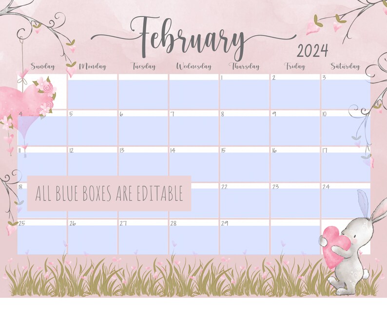 2024 February Printable Calendar Editable Valentines Day - Etsy Australia