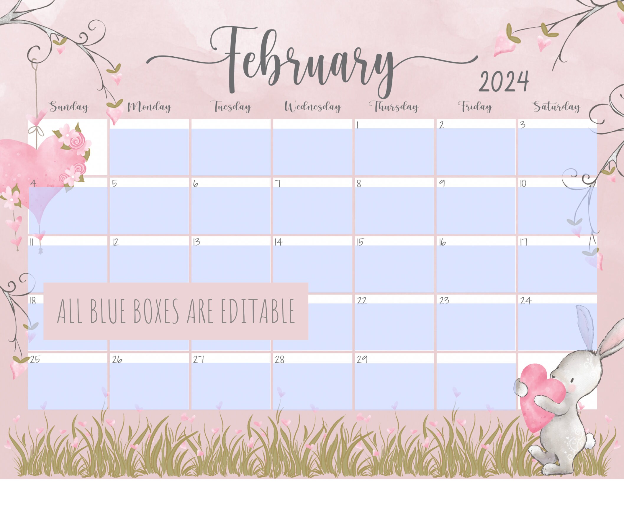 2024 February Printable Calendar Editable Valentines Day Calendar