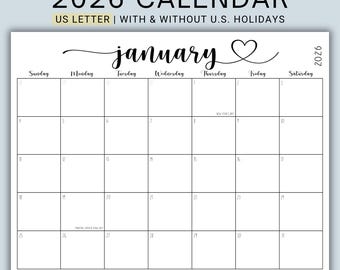 May include: A landscape-oriented, fillable 2026 calendar page for January, featuring a Sunday start, black grid lines on a white background, and the text 'LANDSCAPE | FILLABLE 2026 CALENDAR', 'US LETTER | WITH & WITHOUT U.S. HOLIDAYS', and 'SUNDAY START | INSTANT DOWNLOAD'.