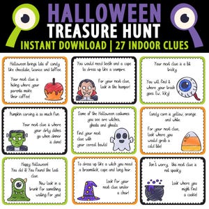 Divertida búsqueda del tesoro de Halloween en interiores para todas las edades / Búsqueda del tesoro de Halloween con pistas / Actividad de fiesta de Halloween / Búsqueda del tesoro de Halloween en interiores
