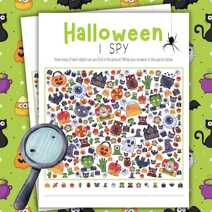 May include: A Halloween-themed I Spy game with a magnifying glass. The game features a variety of Halloween icons, including pumpkins, bats, ghosts, witches, and candy corn. The game is printed on white paper with black text.