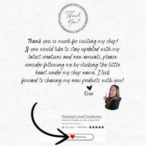 May include: A thank you message from a shop owner, Erin, with a heart icon and the text "Handmade with Love" in a circle. The shop name is SunnyLoveCreations and the text "Everyday Printables For Kids, Life and Fun!" is below the shop name. The shop has a 5-star rating and 7,948 sales. The text "Follow shop" is below the shop rating.
