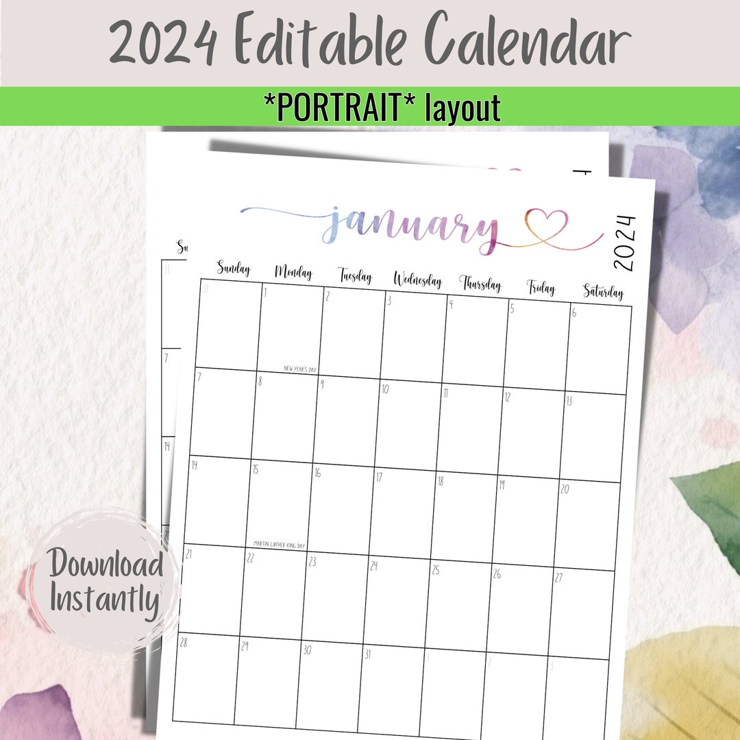 2024 Portrait Printable Calendar Template Family Organizer Monthly ...