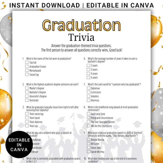 Editable Graduation Trivia Game Printable Grad Party Activity Fun Quiz Canva Template Graduation Themed Questions Instant Download PDF