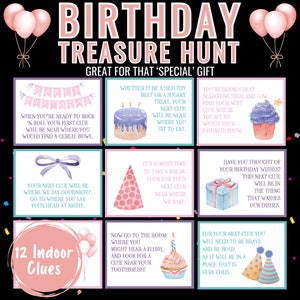 Búsqueda del tesoro de cumpleaños, juegos de fiesta de cumpleaños, cumpleaños imprimible, búsqueda del tesoro, púrpura y rosa / búsqueda de regalos de cumpleaños / cumpleaños interior