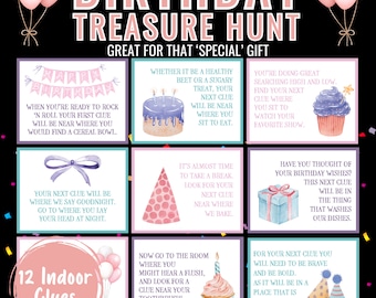 Birthday Scavenger Hunt, Birthday Party Games, Printable Birthday, Treasure Hunt, Purple and Pink | Birthday Gift Hunt | Indoor Birthday