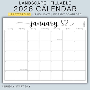 2026 Editable Calendar PDF | Fillable Monthly Planner Pages | Landscape Layout | Printable Schedule Organizer | Digital Download | CFWH