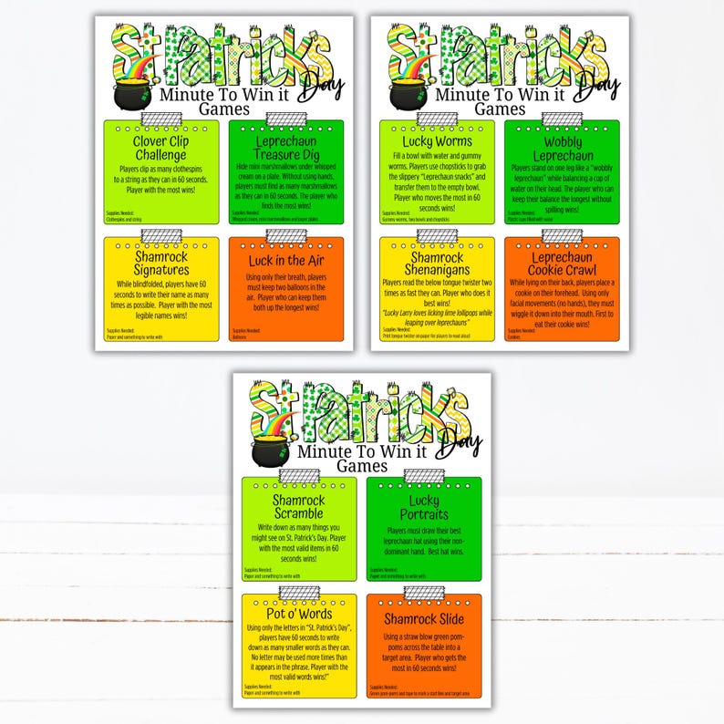 May include: A set of St. Patrick's Day Minute to Win It games. Each game card features a colorful design with a pot of gold, a rainbow, and game instructions. The games include Clover Clip Challenge and Leprechaun Treasure Dig.