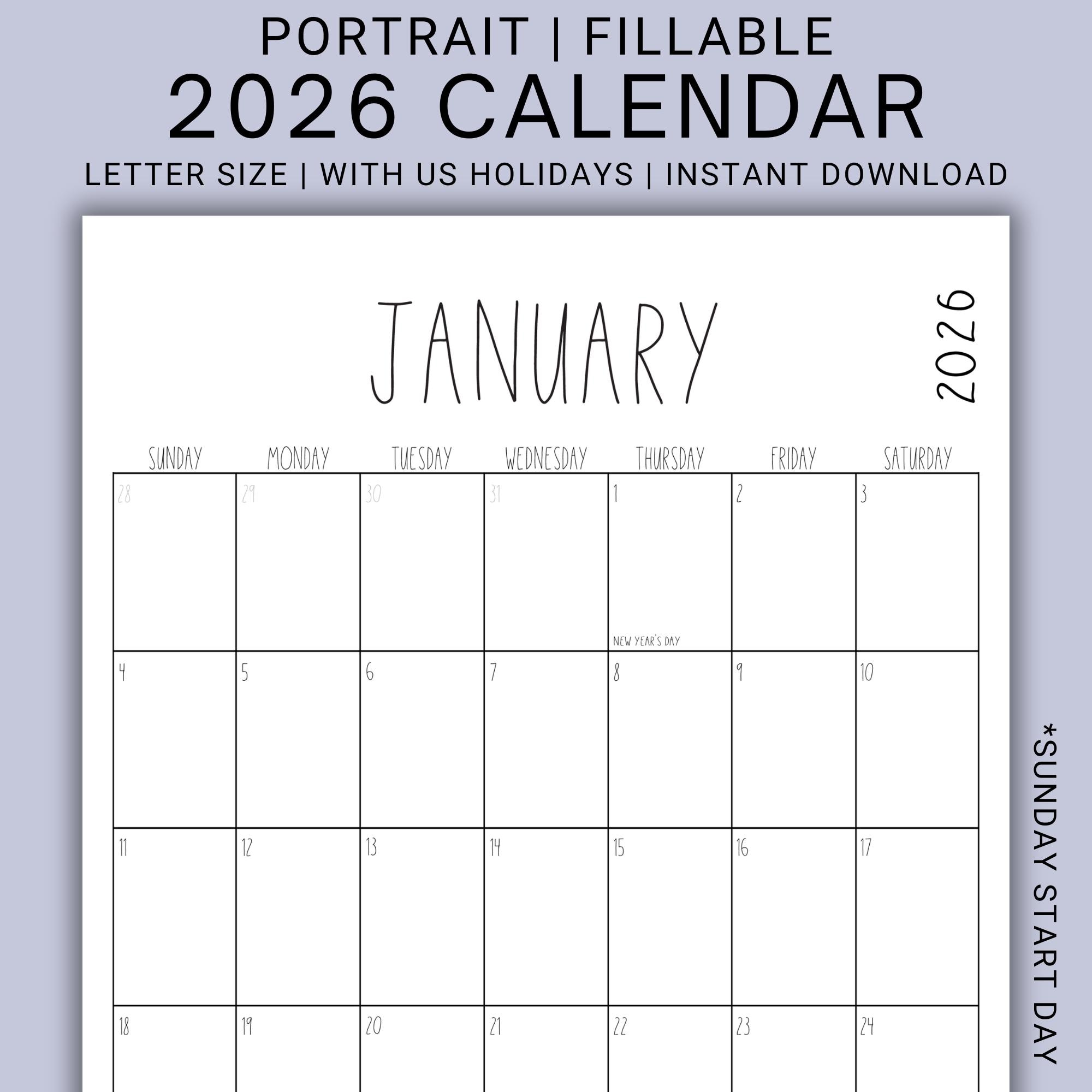 2026 Portrait Printable Calendar Template | Family Organizer | Monthly