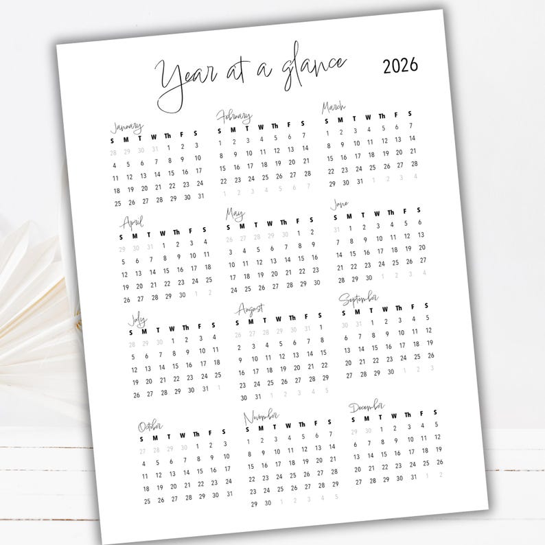 Minimal 2026 Year at a Glance Calendar Printable | One Page Year at a ...