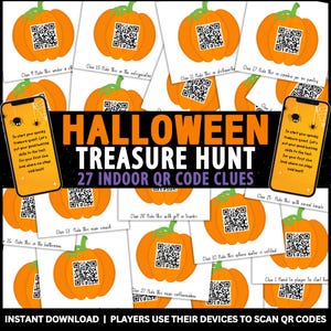 Caça ao tesouro de Halloween em ambientes fechados com códigos QR | Caça ao tesouro para crianças e adolescentes | Pistas de caça ao tesouro com código QR | Pistas de caça ao tesouro digitalizadas