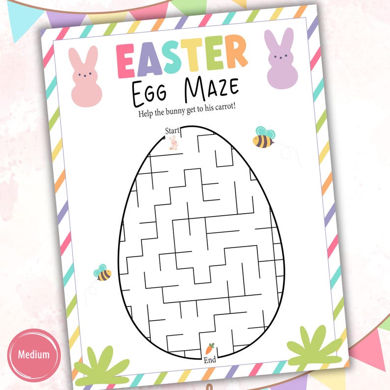 May include: A printable Easter egg maze activity sheet with a bunny rabbit and carrot. The text reads "Easter Egg Maze" and "Help the bunny get to his carrot!"
