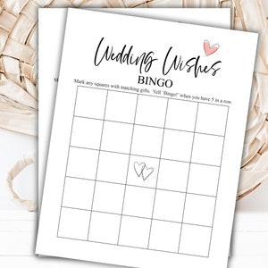 Bingo pour les voeux de mariage minimaliste | Douche de mariage | Devinez les cadeaux nuptiales de douche | Jeu imprimable de douche nuptiale | Jeu de douche nuptiale coeur