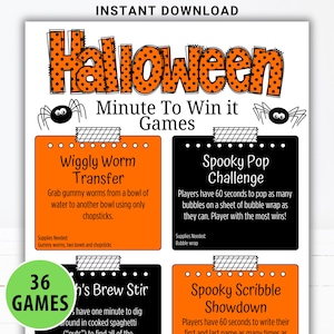 Halloween-spel med "Minute to Win It" | Roliga utskrivbara Halloween-festspel för barn, tonåringar och vuxna | Klassrums-, familje- och kontorsfestaktiviteter