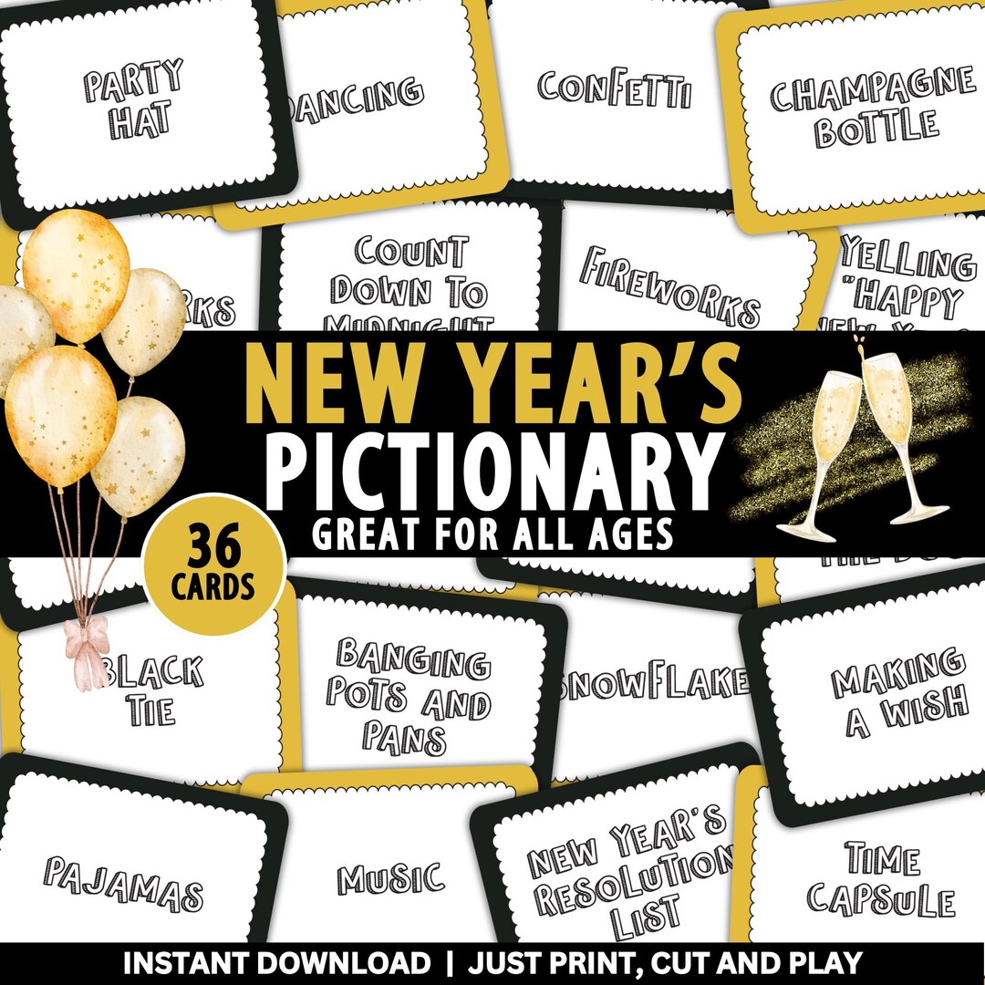 New Years Printable Pictionary Game Gold and Black | New Years Office Party Game | Family New ...