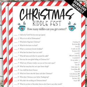 May include: A printable Christmas riddle game with red and white striped background. The game features 15 Christmas-themed riddles with answer choices listed on the right side of the page.