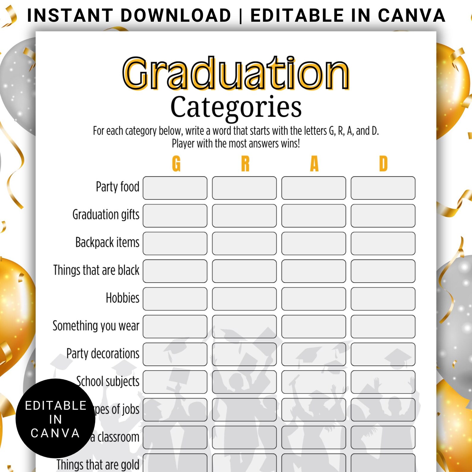 Editable Graduation Categories Game Printable Grad Party Activity Fun ...