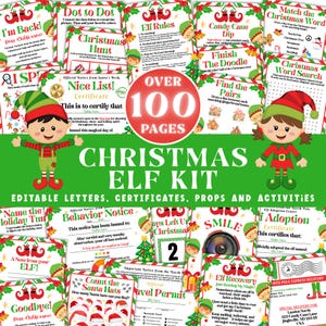 May include: A Christmas Elf Kit featuring over 100 pages of printable activities, letters, and certificates. The collection includes games like I Spy, word searches, and dot-to-dot puzzles, all decorated with red and green holiday graphics.