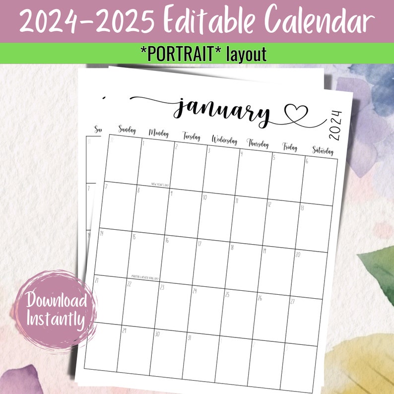 20242025 Portrait Printable Calendar Template Family Organizer Monthly