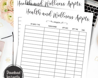 Printable Doctor Appointment Template, Yearly Apppointment Log, Wellness Visits, Appointments, Doctor Visits