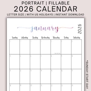 Könnte beinhalten: Ein 2026-Kalender im Hochformat. Das Wort "Januar" ist in einer farbenfrohen Schrift geschrieben. Der Kalender enthält die Wochentage, Daten und den Text "Sunday Start Day". Der Kalender hat das Format Letter und ist ausfüllbar.