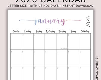 Printable Editable 2026 Calendar | Portrait US Letter 2026 Calendar | Vertical Printable Monthly Calendar | 12-Month Fillable Calendar