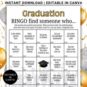 Bewerkbare afstudeerbingo iemand vinden die spel afdrukbare Grad Party Icebreaker-activiteit voor gasten bewerkbare canva-sjabloon direct downloaden