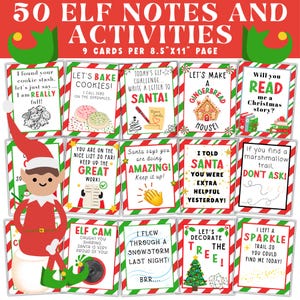 Può includere: Un set di 50 biglietti di Note e Attività degli Elfi con un tema natalizio rosso e verde. Ogni biglietto ha un messaggio unico, come "Prepariamo i biscotti!" e "Scrivi una lettera a Babbo Natale!". I biglietti sono progettati per essere stampati su carta A4.
