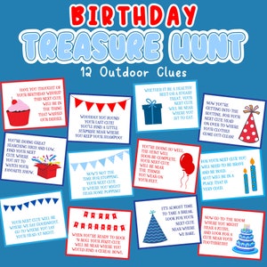Caça ao tesouro de aniversário, jogos de festa de aniversário, aniversário para impressão, caça ao tesouro, vermelho e azul | Caça ao presente de aniversário | Aniversário interno