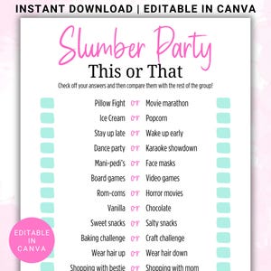 Fun Printable Editable Slumber Party This or That Game | Girl Teen or Tween Sleepover Party Game | Pajama Party Editable This or That Game