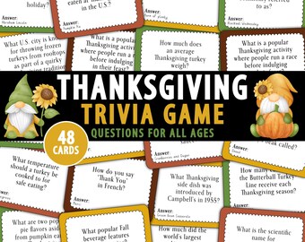 May include: A Thanksgiving trivia game with 48 cards featuring a gnome with a pumpkin and sunflowers. The game includes questions for all ages.