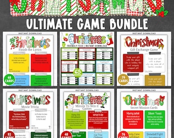 May include: A Christmas-themed game bundle with six printable party games. The image features colorful game cards with titles like "Finish the Lyrics" and "Minute to Win It Games." The top banner spells "Christmas" in festive letters.
