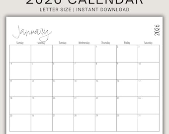 Printable Editable 2026 Calendar | Landscape US Letter | Horizontal Monthly Calendar | 12-Month Fillable Calendar